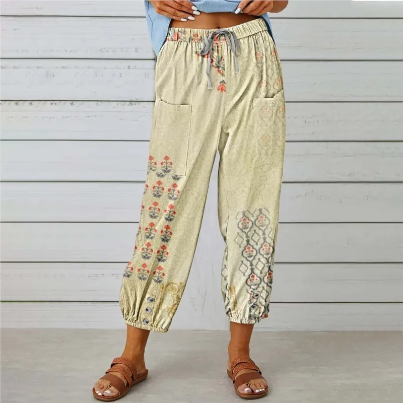 Pantalones largos con estampado Floral para mujer, pantalón holgado Vintage de piernas anchas con cordón, estilo informal, novedad de otoño, 2024