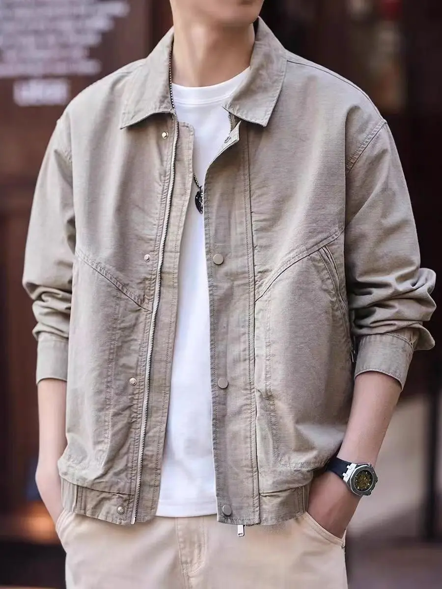 

Ретро-куртка из состаренной кожи в американском стиле, мужская повседневная куртка из канваса, осенняя новинка, стильная, для отдыха, индивидуальный дизайн, цвет абрикосовый