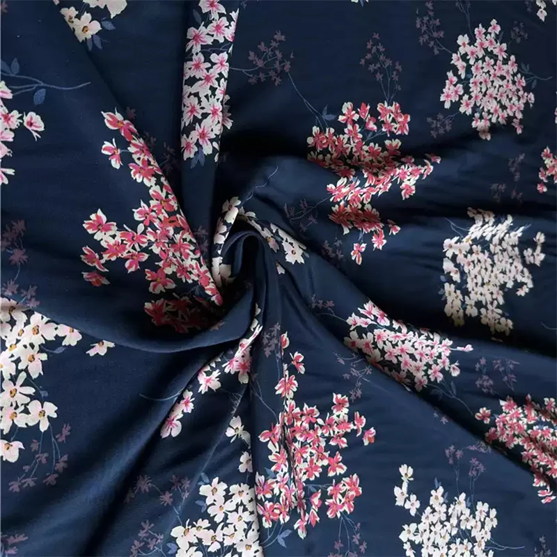 

1 meter 100% Mulberry Silk 17 momme Crepe Silk Fabric Navy Small Floral Printed 112cm 44" wide by the yard JN775