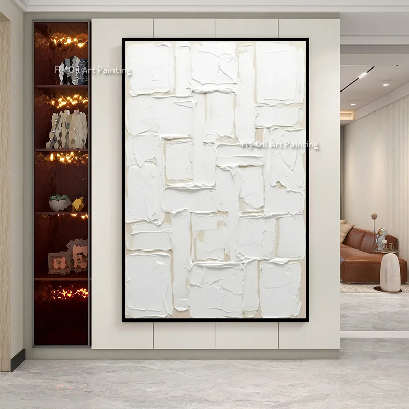 Minimalist 3D Plaster Texture Abstract Canvas, Hand‑Painted Off‑White Block Oil Painting, Wabi‑Sabi Large Vertical Wall Decor