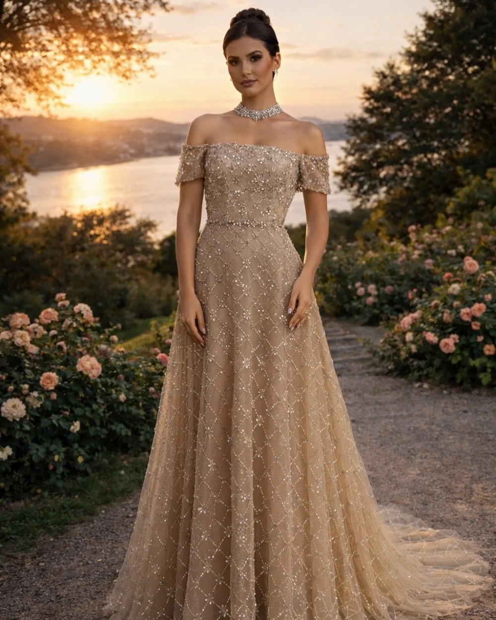 

Customized Exquisite Tulle Sequined Beading A-Line Evening Dresses Modern Style Off-the-shoulder Sleeveless Long Prom Dresses