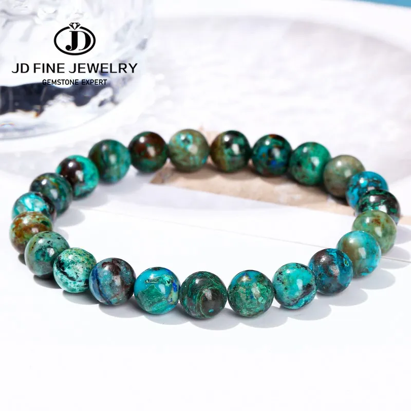 سوار حريمي من JD بأحجار طبيعية من chrysocola Azurite بخرز دائري سوار حريمي من الأحجار الكريمة مزين بحلية يدوية أساور قابلة للتمدد مجوهرات تعمل بالطاقة