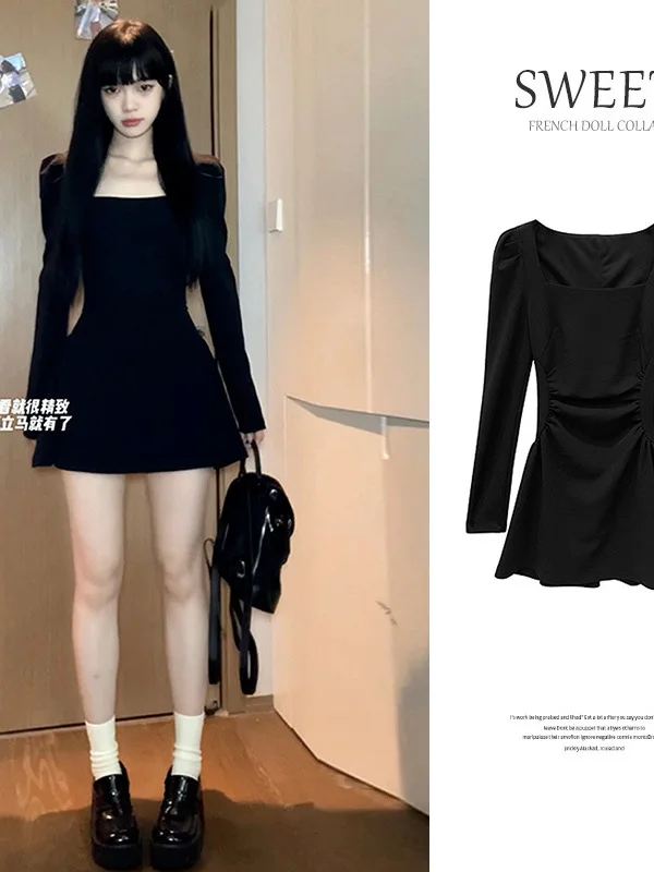 Hepburn style black square neck dress spring and autumn 2024 new women's clothing small stature paired with coat lining QAVE