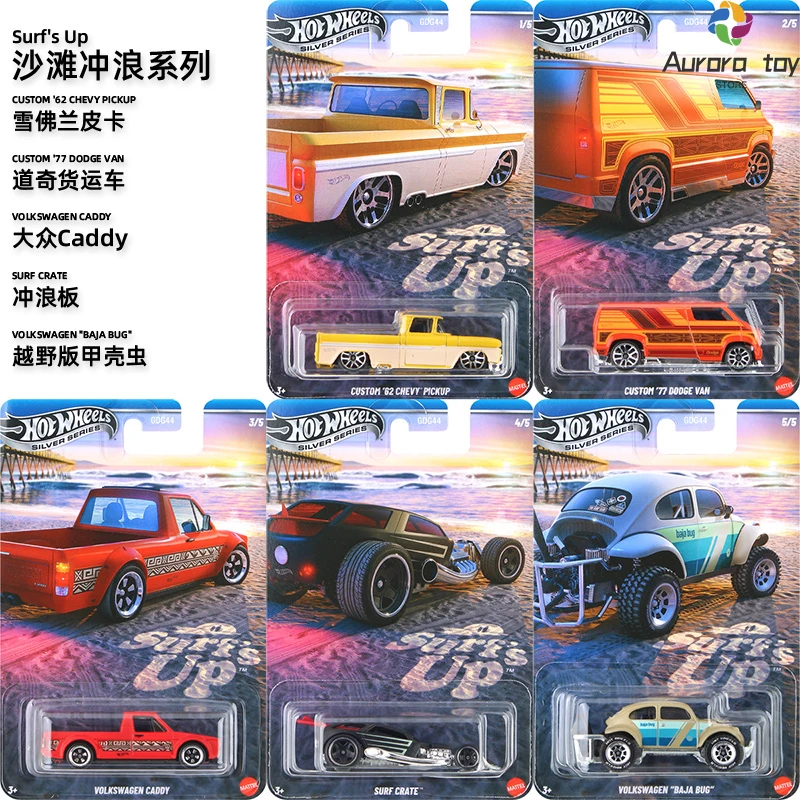 Hot Wheels Surf's Up Series GDG44 Alloy Car Model 1/64 Volkswagen Caddy Surfboard Simulation Cars Model Boys Birthday Gift