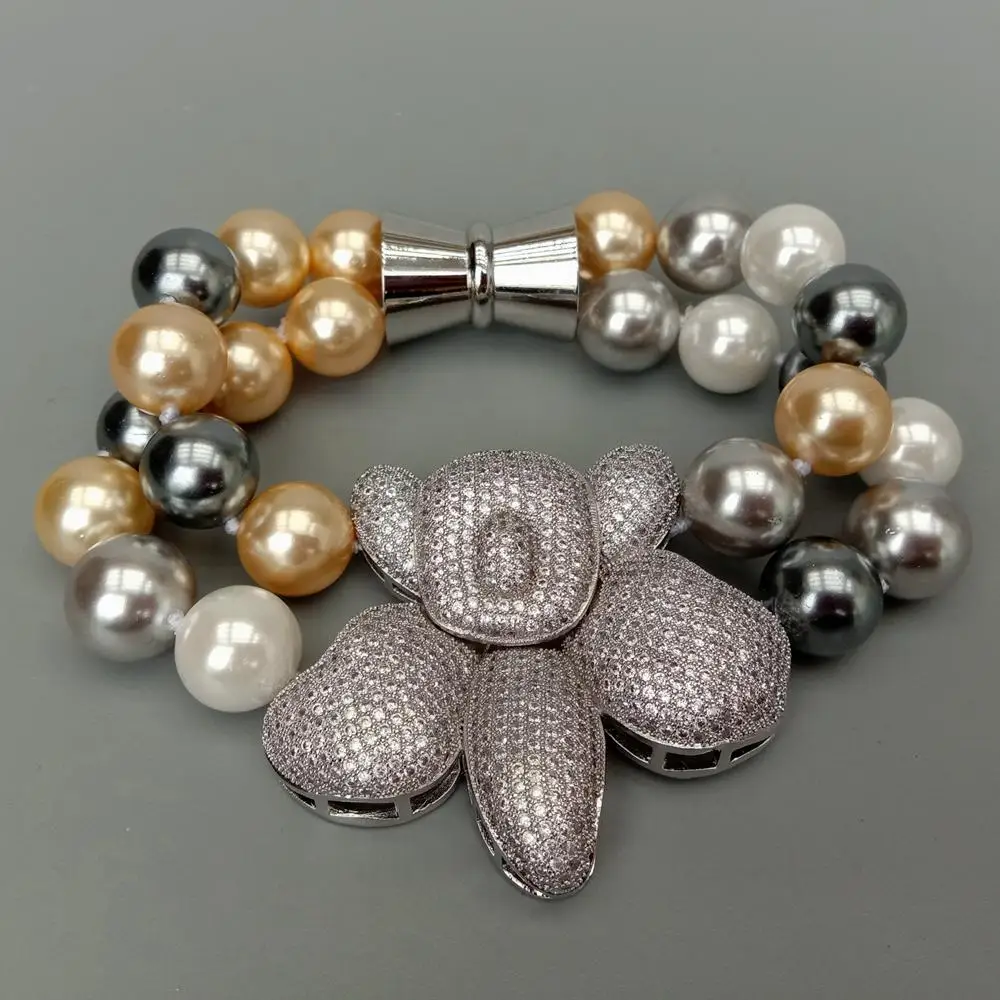 

YYGEM 2 Strands 12mm Round Multi Color Sea Shell Pearl strand Bracelet Cz Pave Flower Connctor Charm for women