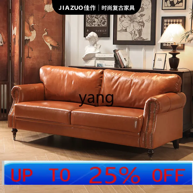 

LH retro French leather sofa living room double triple top layer cowhide straight row sofa