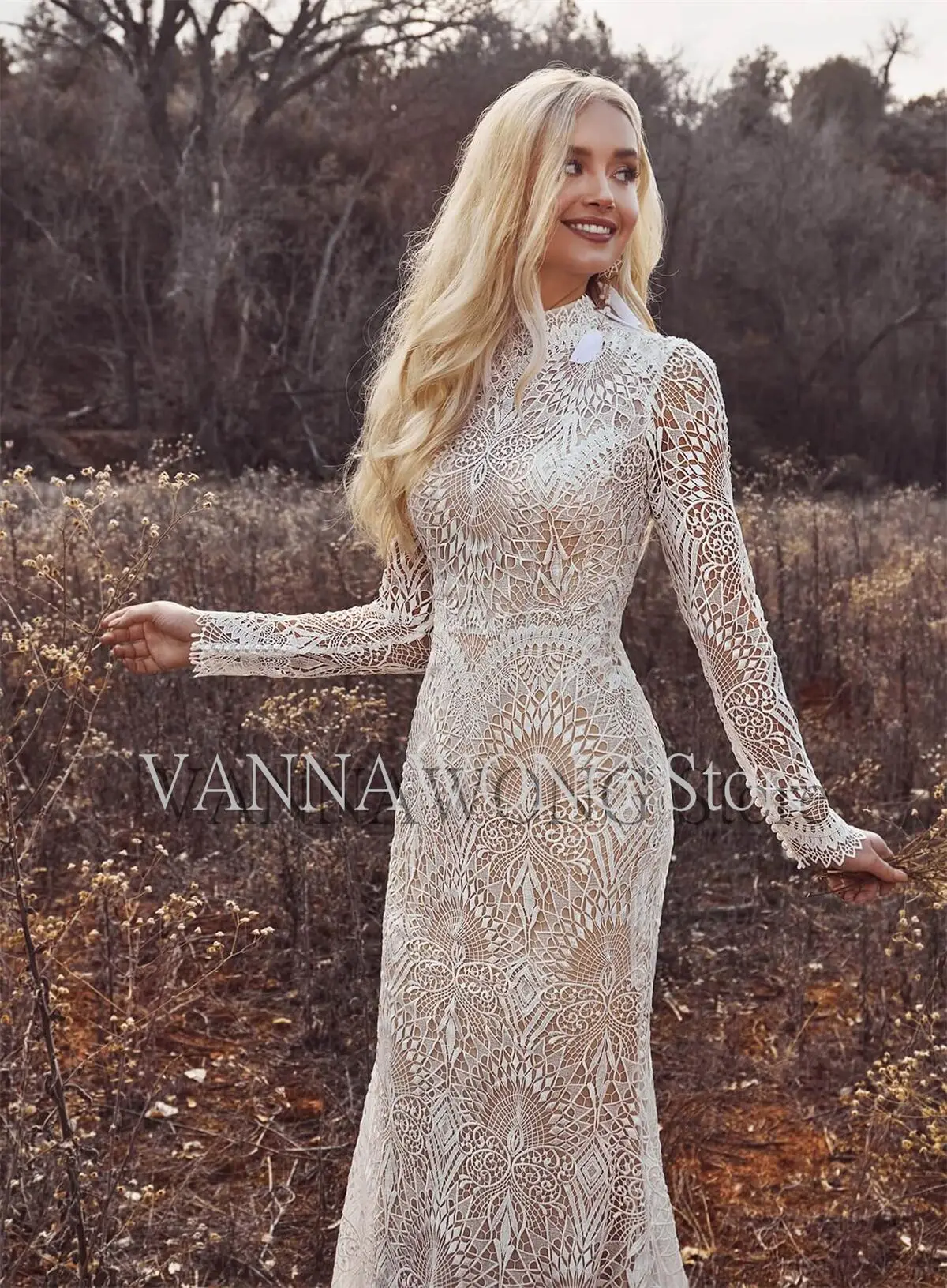 11797# Bohemian Vintage Lace Long  Sleeves Boho High  Neck Lace Sweep Train Mermaid Wedding Dress Wedding Bridal Gown Custom