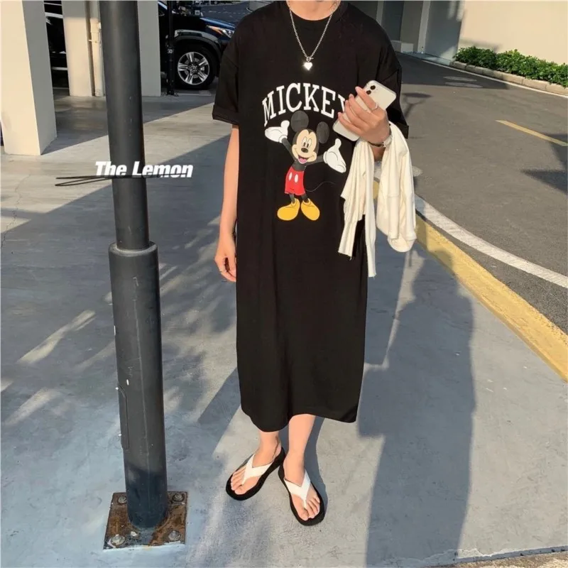 Korean Designer Brand Trend Summer New Women Dress Mickey Cartoon Loose Short-sleeved Over-the-knee Long T-shirt fashion Skirt