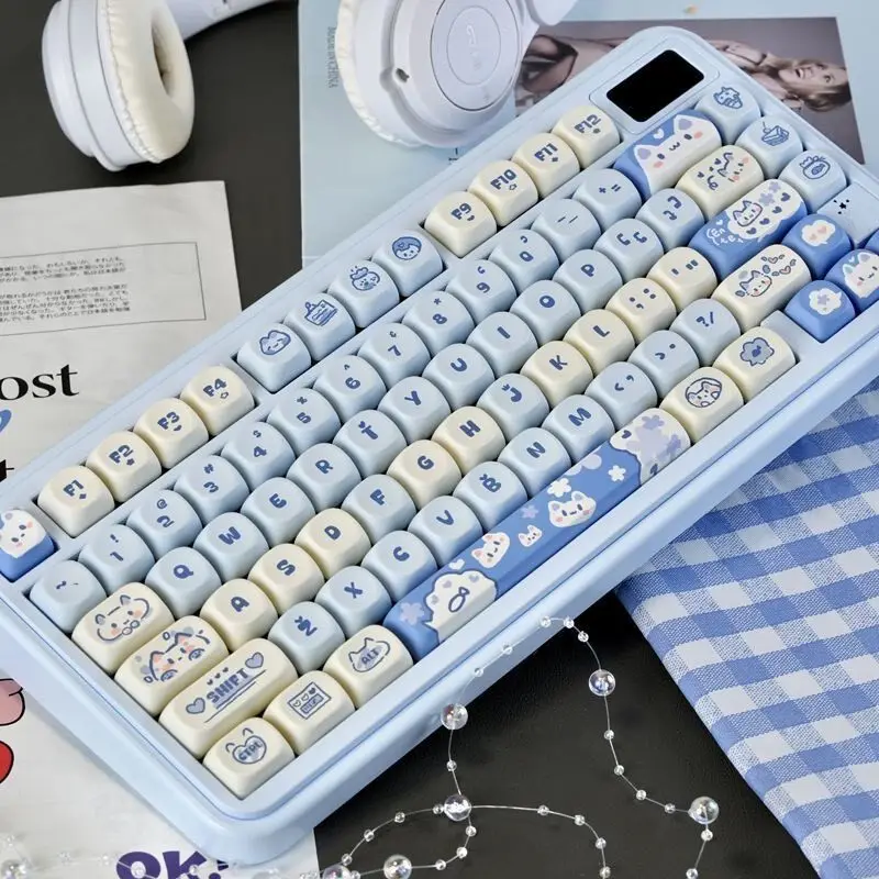 Custom Blue Sea Salt Kitten Cute Keycaps, Unique High-End PBT Five-Side Dye-Sub, Custom Mechanical Keyboard Keycaps Set