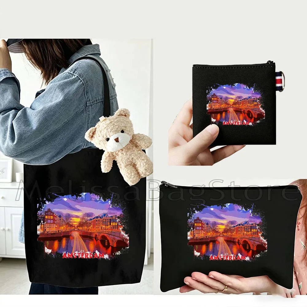 4PCS Gift Set Amsterdam Netherlands Black Canvas Tote Bag Handbag with Doll Key Coin Purse Cosmetic Makeup Toilet Bag Case Pouch