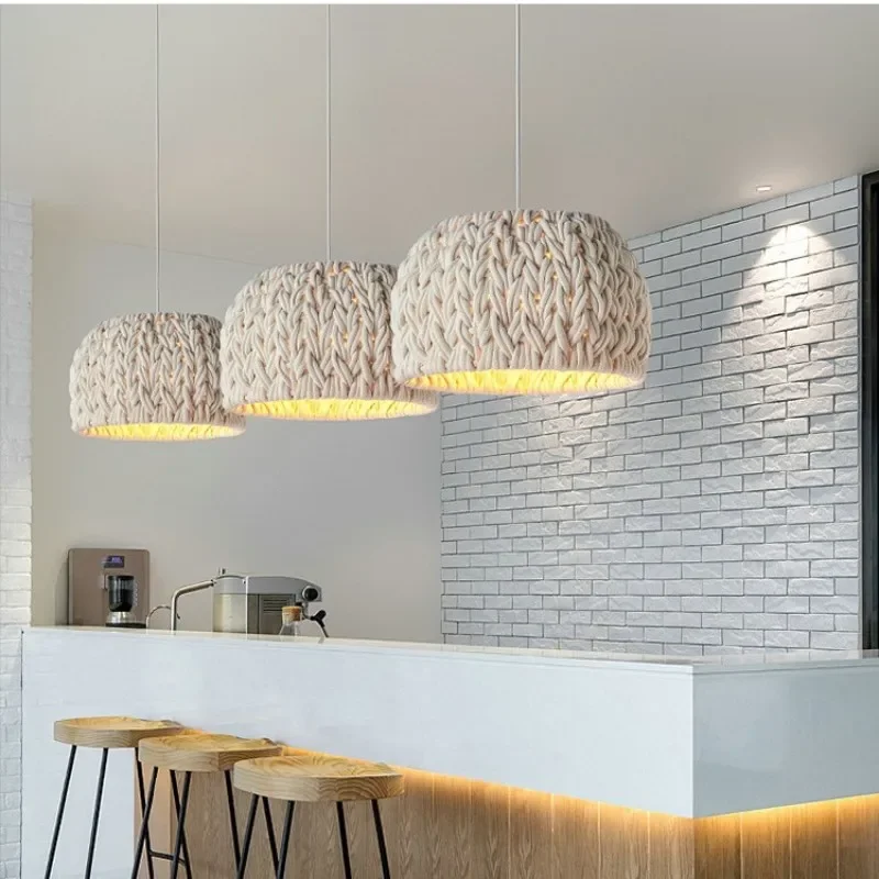 

Nordic Cotton Rope LED Chandelier Balcony Living Room Pendant Lamps Dining Table Light Hanging Lamp Hand Woven Lighting Fixtures