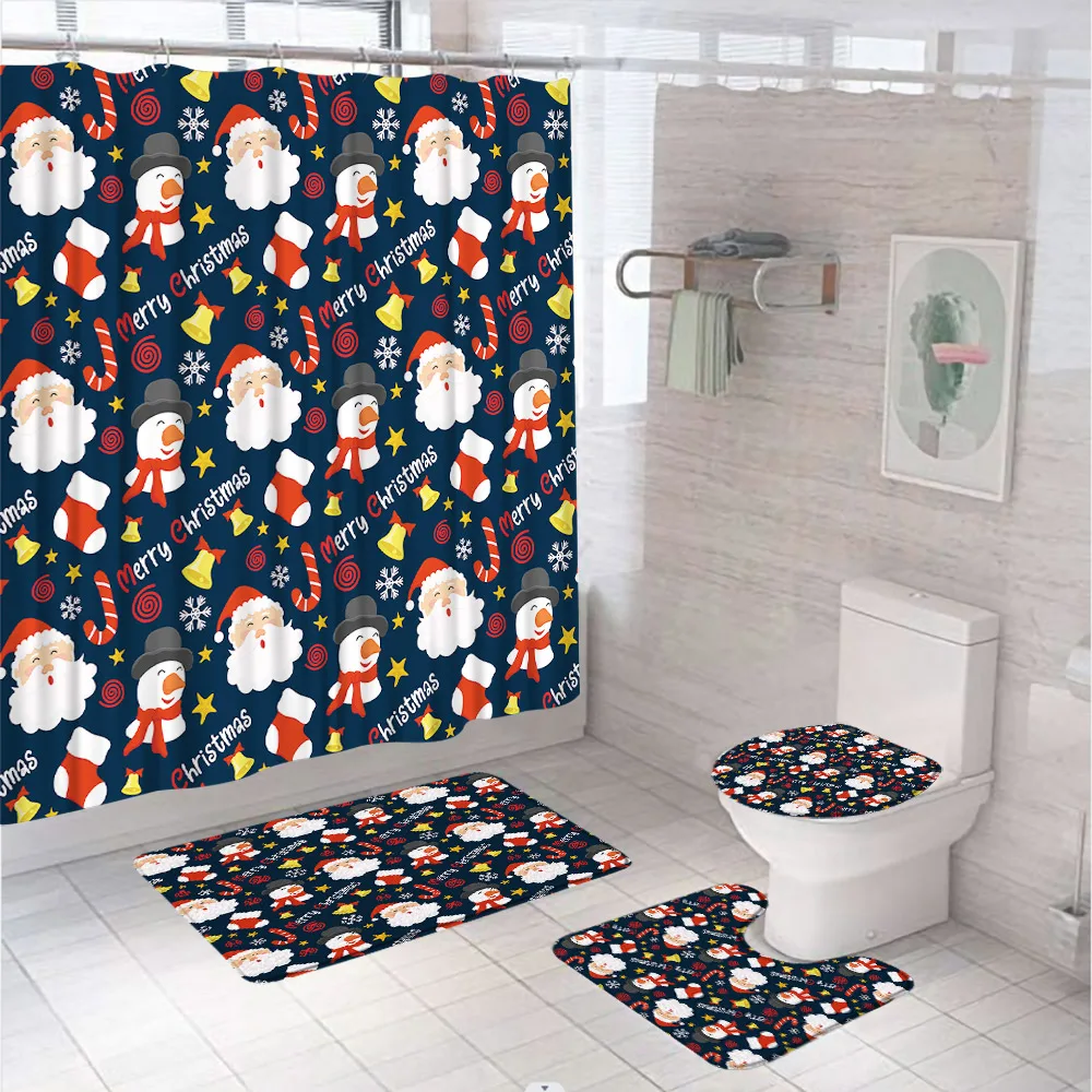 

Santa Claus Snowman Shower Curtain Set Christmas Gift Xmas Socks Bells Bathroom Curtains Fabric Screen Bath Mat Rug Toilet Cover