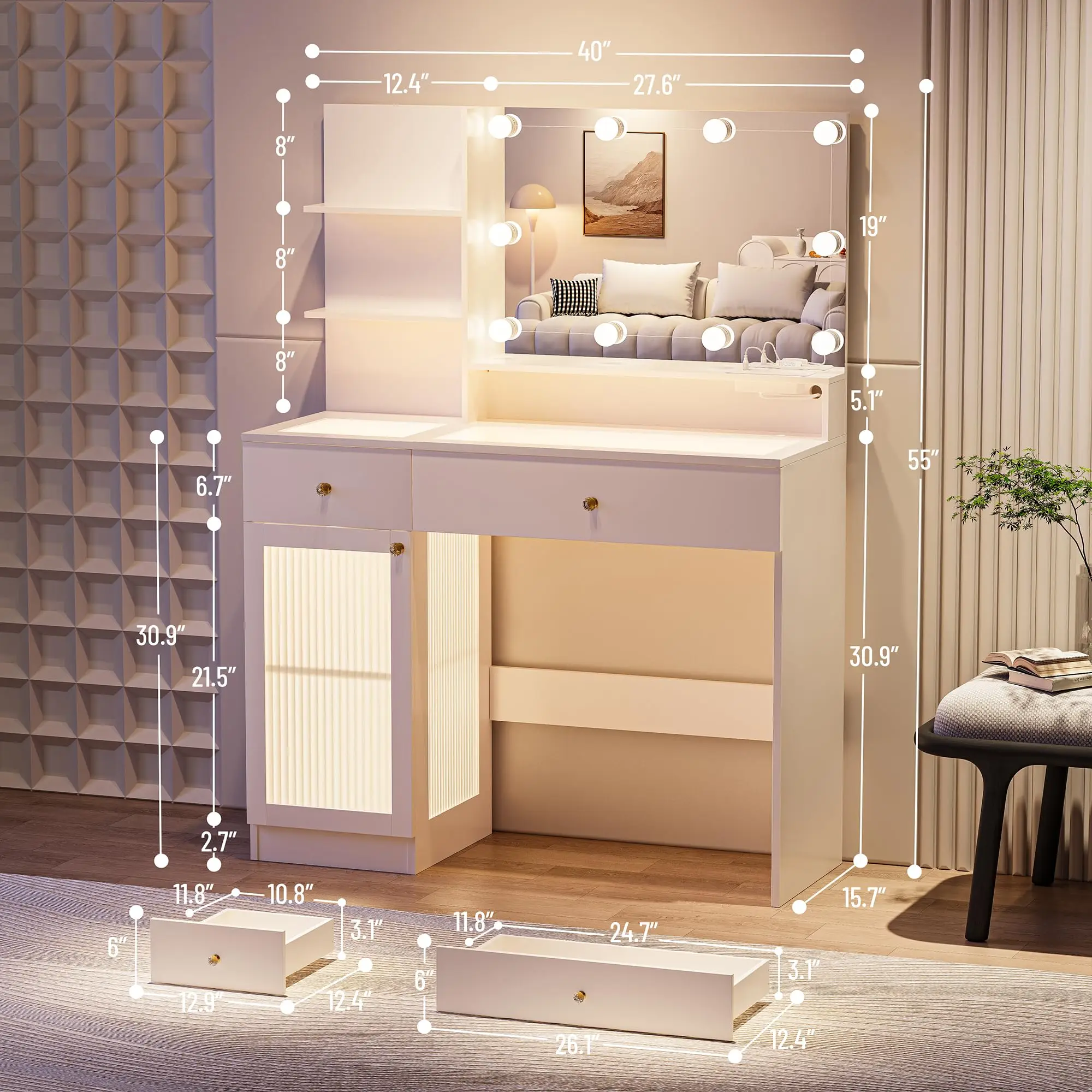 Vanity Desk with Large Mirror and Lights, Glass Top Makeup Vanity Set with Power Outlet, Drawers and Cabinet, 3