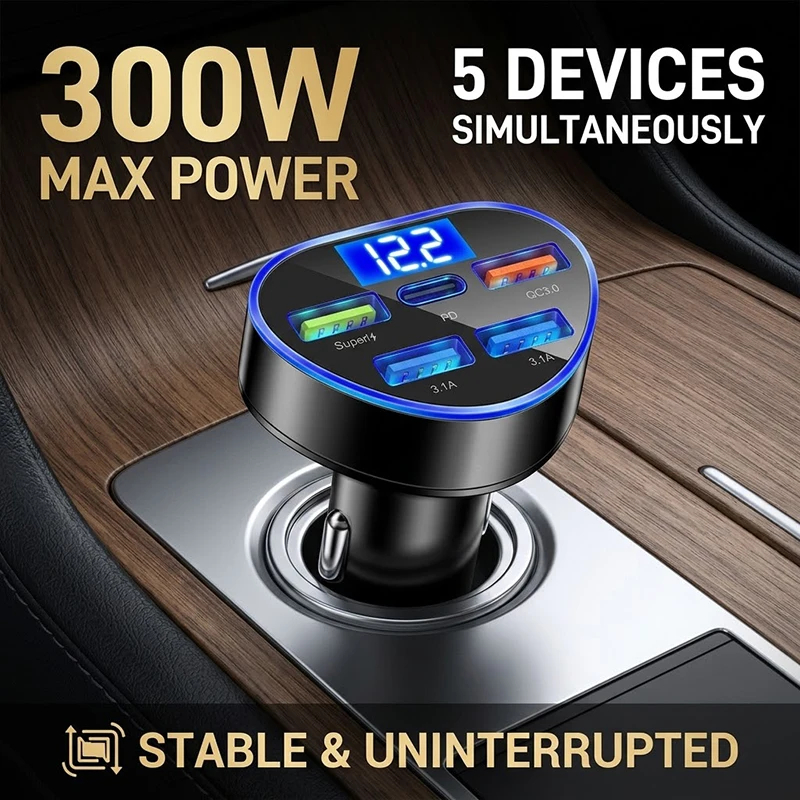5-Port Fast Car Charger with Blue LED Light, PD Type C and QC3.0 Multi USB Adapter, Stable Anti-Slip Metal Contacts For iPhone