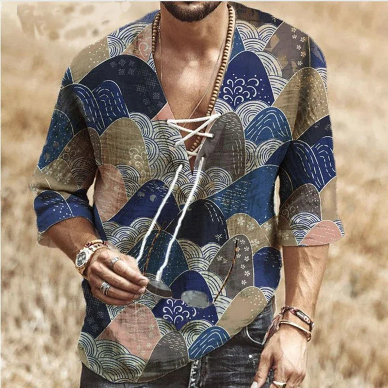 Summer Men's T-shirt Vintage National Style Printed V-Neck Lace-Up Eyelet Tee Tops Half Sleeve T Shirt for Men Clothes Plus Size