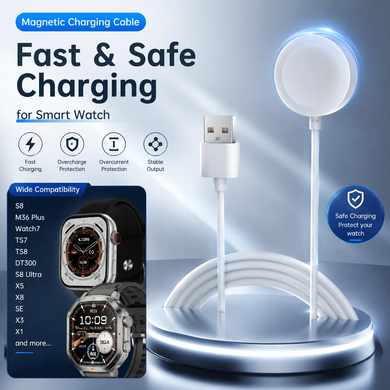 Magnetisches Ladekabel für S9/S8/S7/DT300/S8 Ultra/TS7 Pro, universelles kabelloses Ladegerät für mehrere Smartwatch-Modelle, 5V/1A