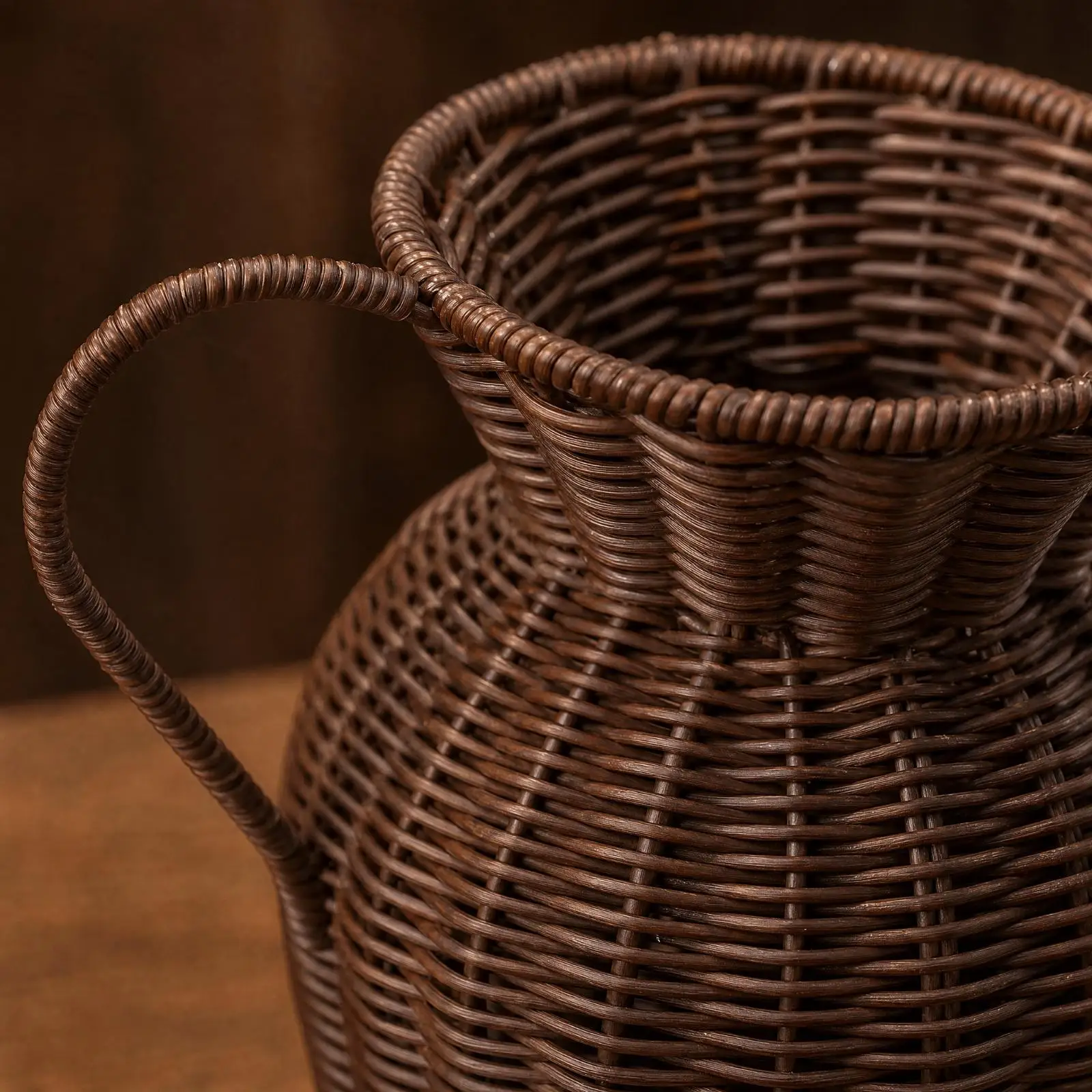 Woven Rattan Urn Vase with Handles for Living Room Shelf Decor Modern Rustic Style
