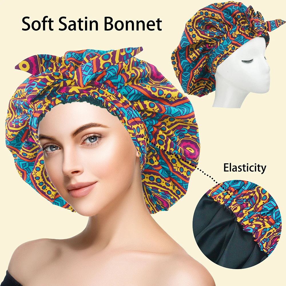 Satin Bonnet for Women Silk Bonnet for Curly, Hair Bonnet for Black Women African Print Head Wrap for Long Hair Braids