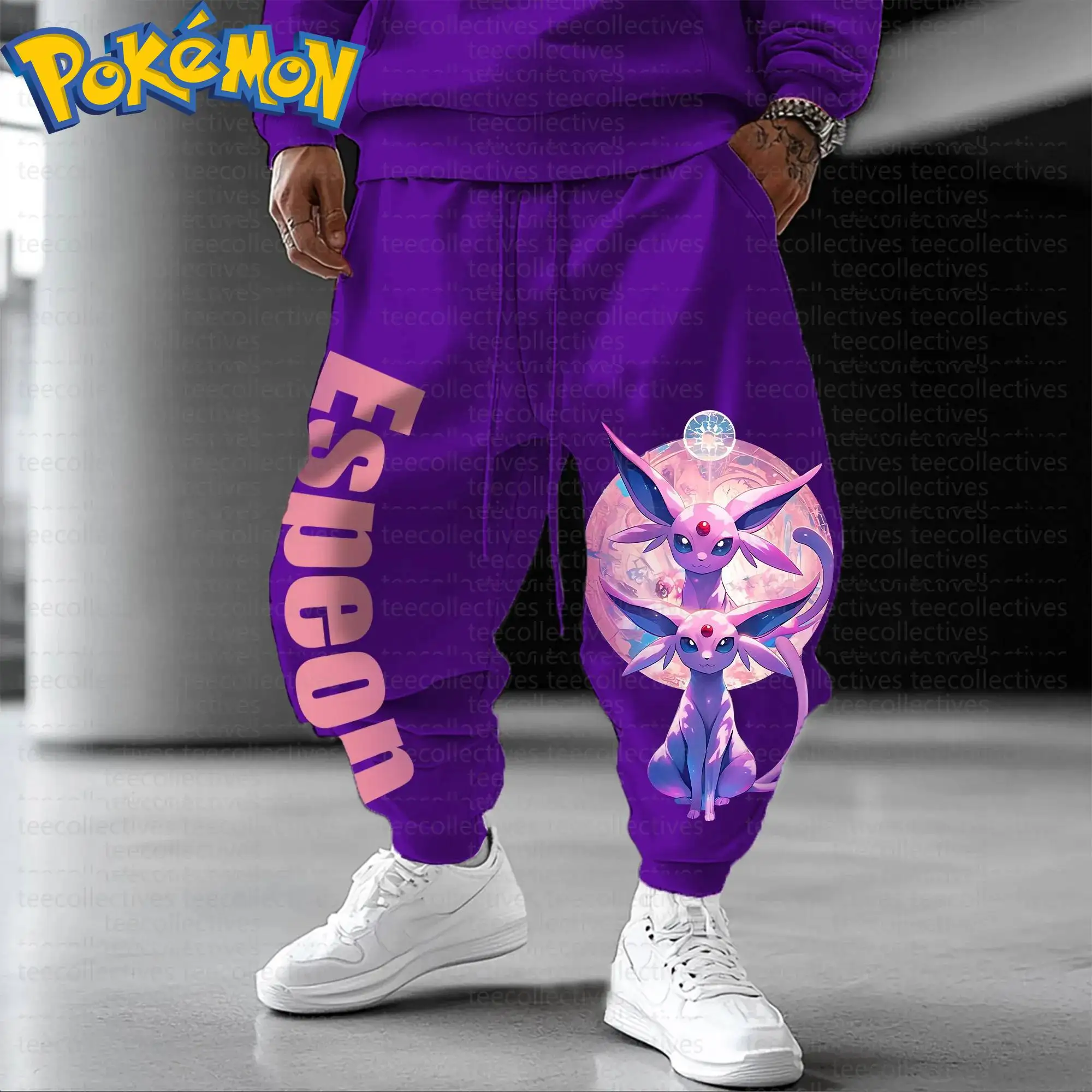 ชุดเสื้อฮู้ดผ้าฝ้ายลายการ์ตูนโปเกมอนพร้อมกางเกงสไตล์ฮาราจูกุ สีม่วง พิมพ์ลายตัวละครพร้อมลวดลายดวงตาสีแดงเรืองแสง ชุดลำลองสองชิ้น