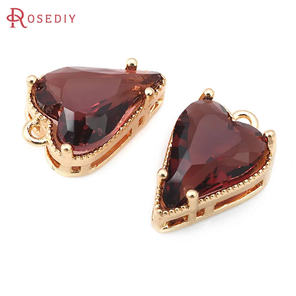 10PCS 18K Gold Color Brass and Glass Heart Charms Pendants High Quality Jewelry Making Necklace Earrings Accessories for Women