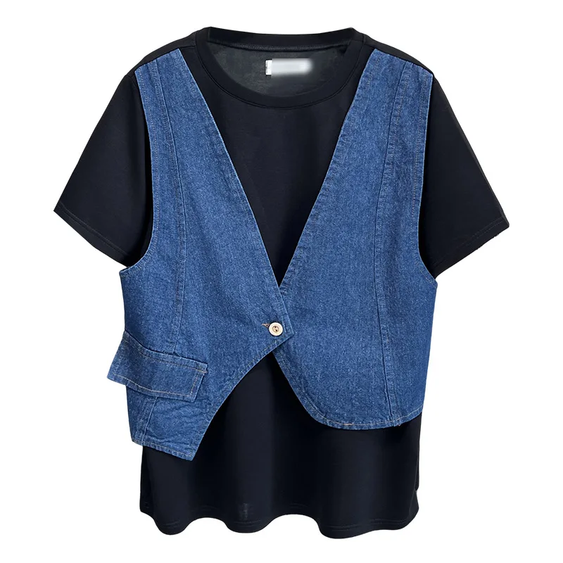 

Новая летняя женская футболка больших размеров, модная повседневная джинсовая лоскутная футболка из двух предметов с короткими рукавами, 100 кг 1675