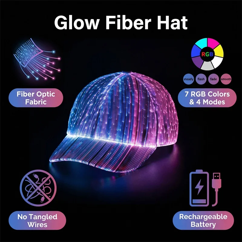 Fashion LED Fiber Optic Duckbill Cap, Sparkling Baseball Cap, Glowing Hip-hop Hat, for Bar, Party, Dance, Video Shooting Props
