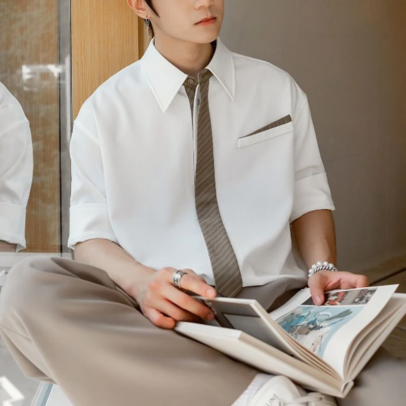 

Мужская рубашка оверсайз с коротким рукавом и декоративными завязками, универсальная, для повседневного и делового стиля, на пуговицах