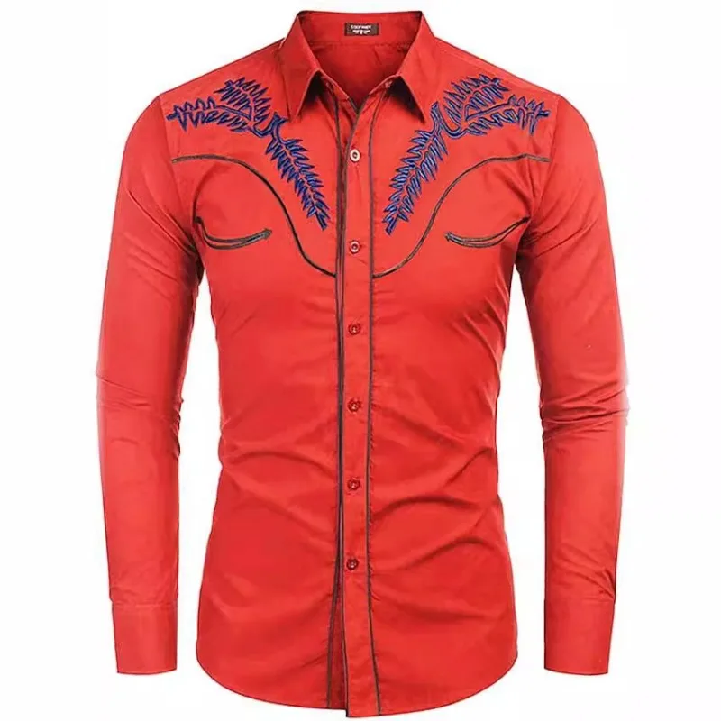 Camisa de Manga Larga con Bordado Estilo Western para Hombre, Corte Ajustado, Estilo Casual Vintage, Blusa Vaquera
