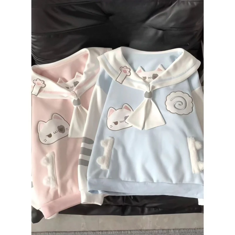 اليابانية Kawaii طويلة الأكمام هوديي الصلبة طوق القط لطيف طباعة الحلو أعلى ضئيلة المرقعة آذان القط ربيع الخريف 2025 وصول جديد #1