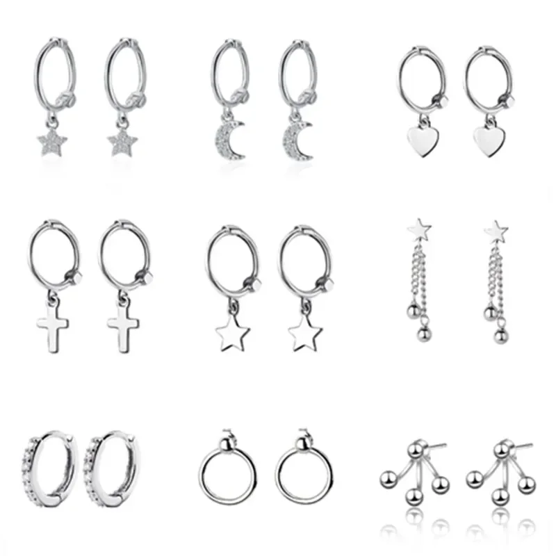 925 prata esterlina estrela coração cruz brincos para mulheres meninas pendurado balançar brincos pendientes mujer moda