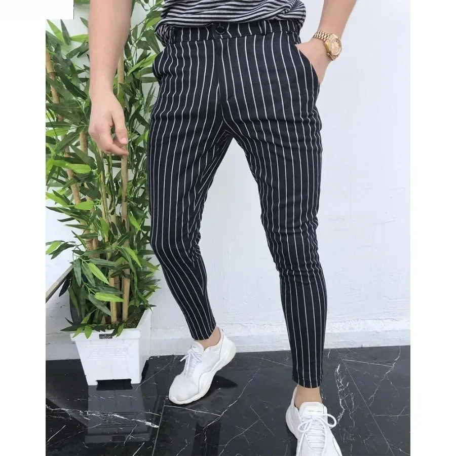 

New Men's Casual Pants Men Stretch Ankle-length Pants Pencil Pants with Pockets Male Fashion Slim Striped Business Trousers
