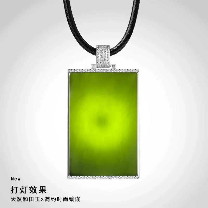 Jia Le/Hand-carved/S925 Silver Inlaid Natural Hotan Mo Jade Pingan Brand Necklace Pendant  Men and Women Couple Accessories Gift