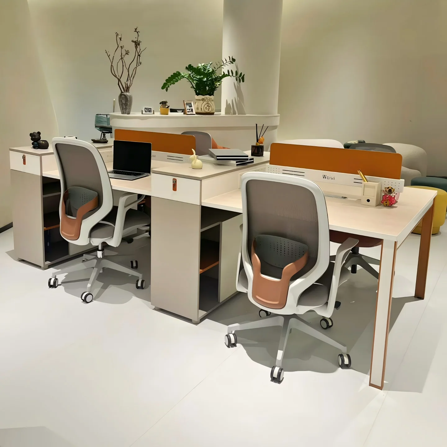 Desks, Staff Desks,Modern 4 Person Office Workstation Set, Modular Staff Desk With Privacy Screen And Integrated Storage Cabinet