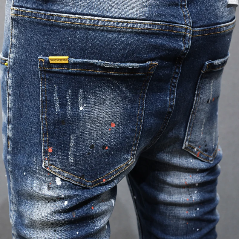 

Fashionable new men's jeans with pleats, washed water, nostalgic stretch, slim fit, painted jeans, retro blue, high-quality pant