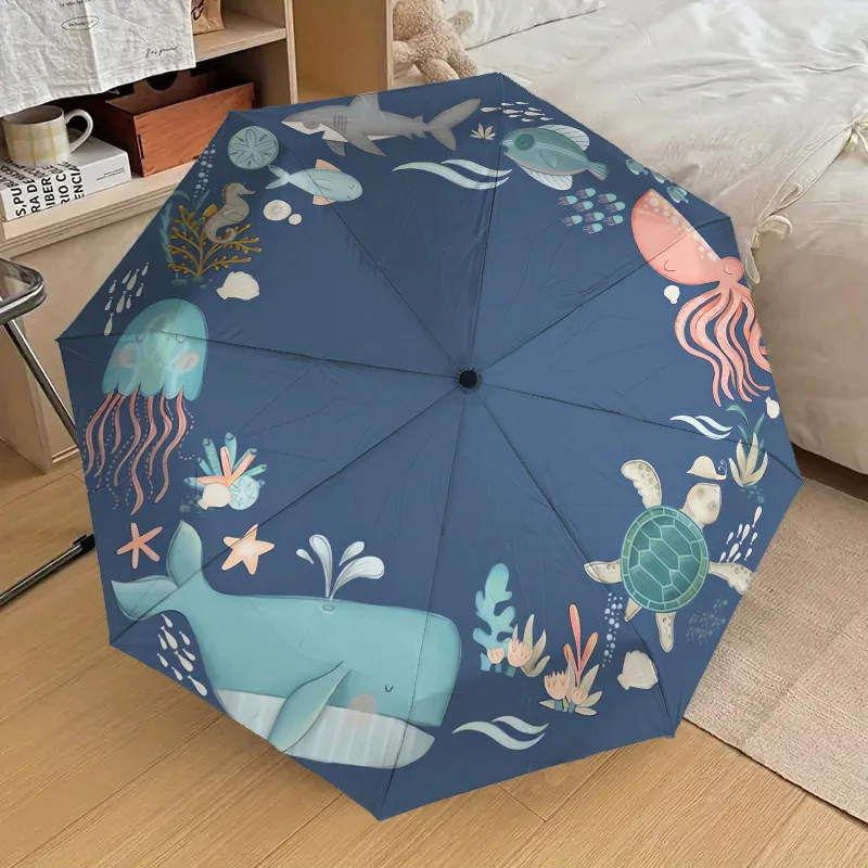

1pc Ocean Creatures Umbrella - Automatic Open/Close 3-Fold Compact Umbrella with Whimsical Underwater Design, Portable for Men