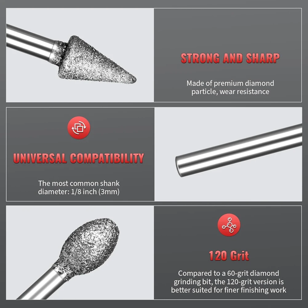 M12K-Алмазные фрезы для камня, смолы, фарфора, резьбы по камню, зернистость 120, набор алмазных шлифовальных бит, хвостовик 1/8 дюйма