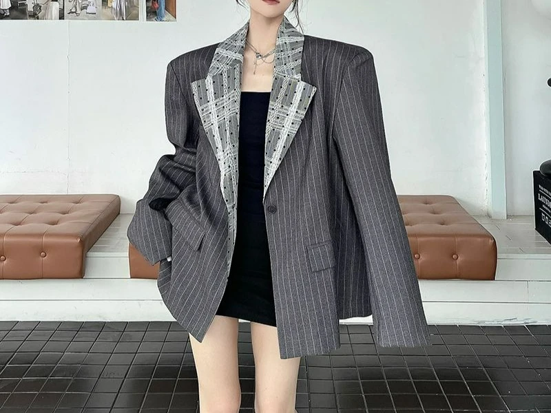 Wide Shoulder Lace Composite Neckline Splicing Plaid Blazer Spring and Autumn New Loose and Thin Suit