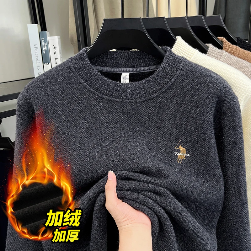 

Round Neck Sweater for Men in Autumn and Winter, with Thick and Integrated Fleece for Warmth and Base, Knitted Wool Sweater