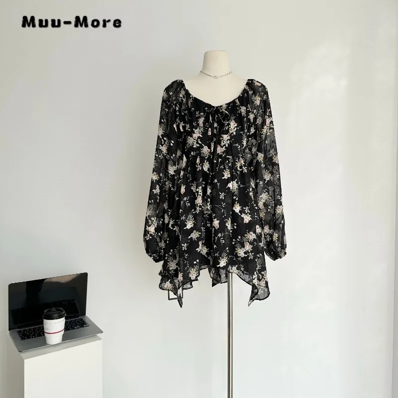 

Vintage Sweet Long Sleeve Floral Print Loose Fit Mini Dresses 2023 Autumn Winter Women Elegant Casual V-neck Chiffon Dress