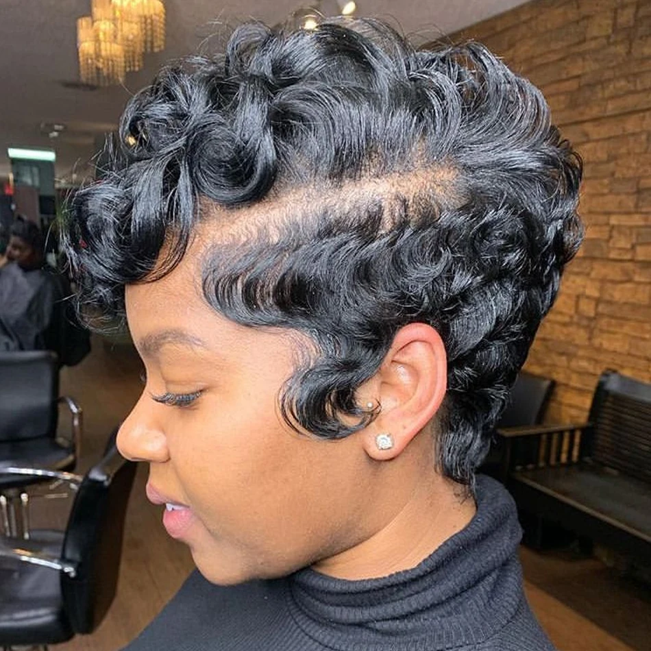 قصيرة مجعد عابث قطع شعر مستعار شعر الإنسان للنساء الأسود الطبقات 13x4x1 T-جزء الدانتيل الجبهة شعر بشري قصير عابث قطع غلويليس شعر مستعار #1