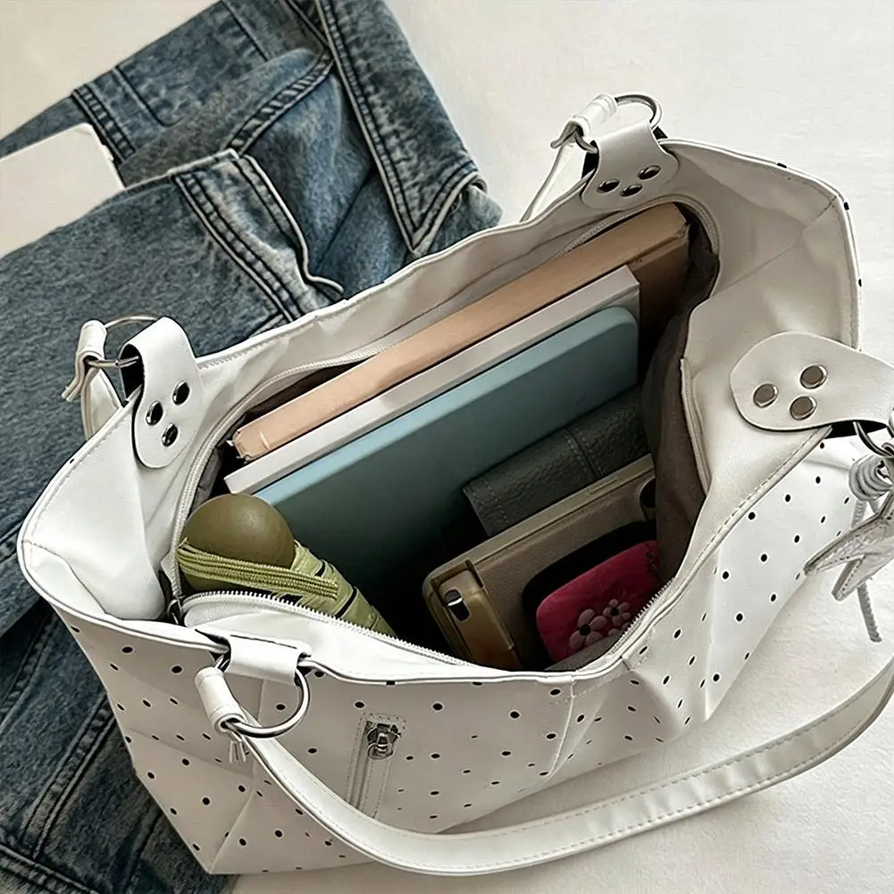 Damen-Umhängetasche, Vintage-Polka-Dot-Design, Pendler-Tragetasche, große Kapazität, PU-Leder-Handtasche, Unterarmtasche für Schule, Büro und den täglichen Gebrauch. – Detail 22