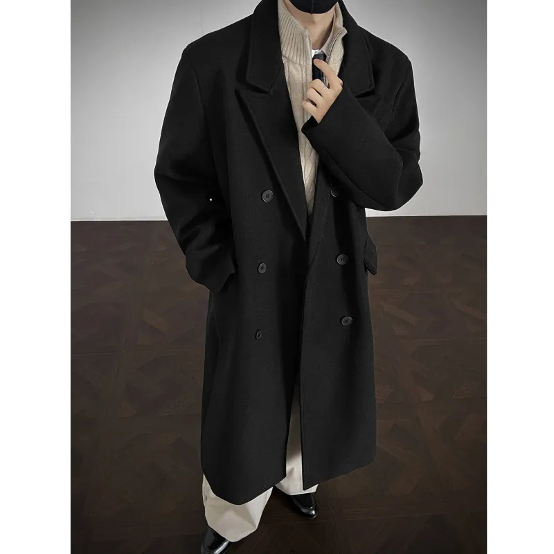 

Winter Men's Double-breasted Woolen Coat Medium-length Suit Collar Windbreaker Faionable oulder Pad Woolen Outerwear