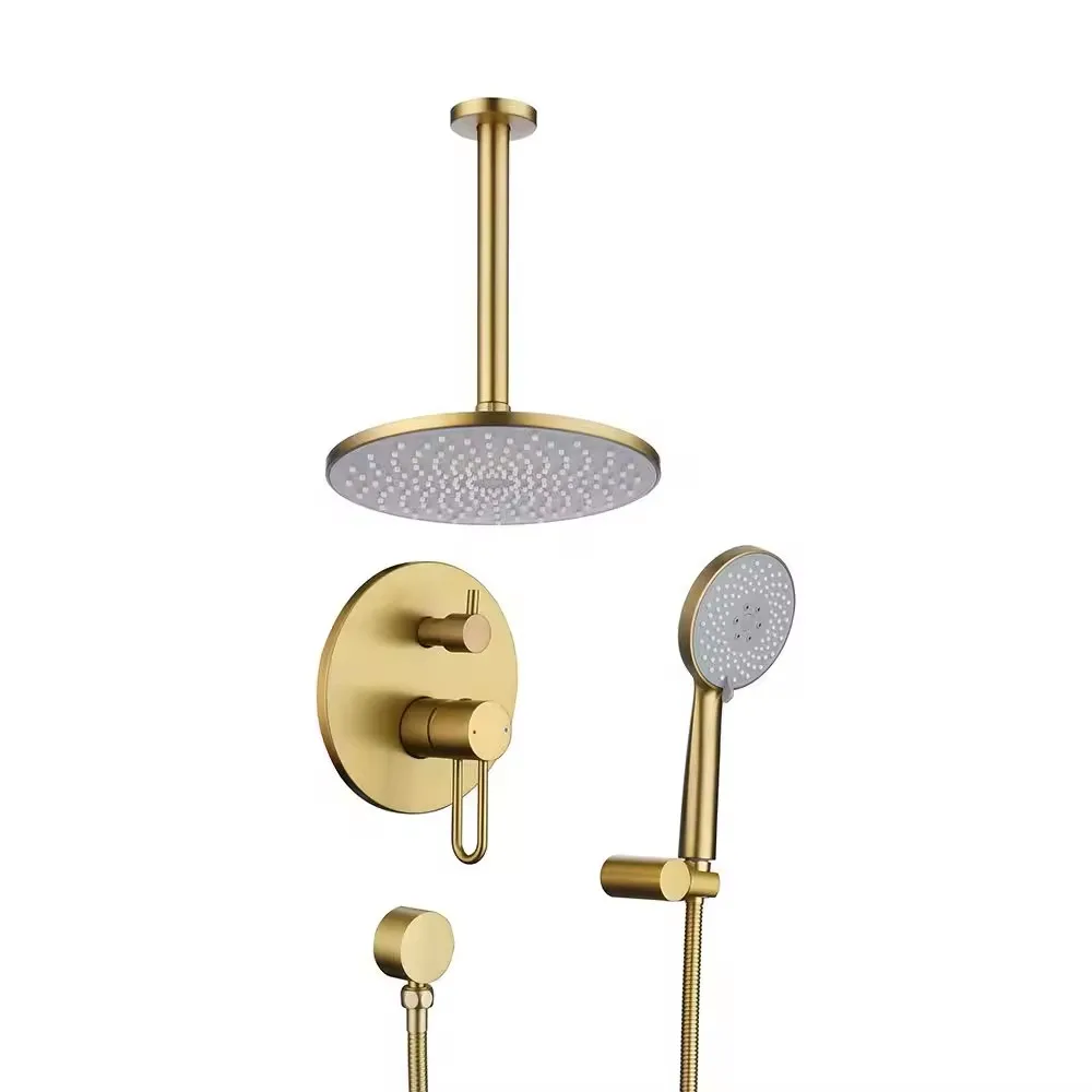 Luxury Gold Brass Bathroom shower faucet set Ceiling mounted Brushed gold cold hot water 2 handle 2 Mode Rainfall shower set