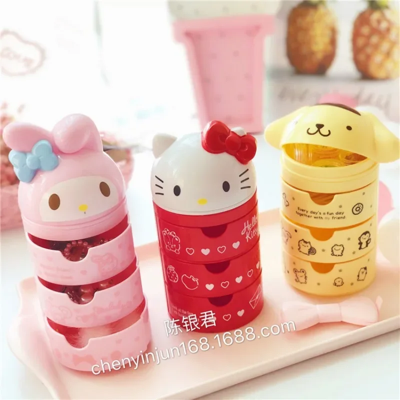 New Kawaii My Melody Head Shaped Jewelry Box Hello Kitty Flip Cover Three-layer Drawer Box Pom Pom Purin Desktop Storage Box