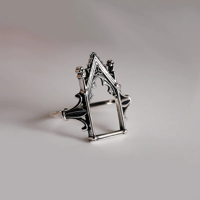 1Pc Vintage Distressed Childlike Architectural Hollow Geometric Personality Simple Metal Silver Color Ring Woman Party Daily