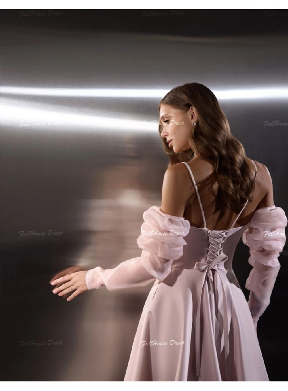 Personalizado elegante cintas de espaguete organza babados a linha vestido de noite comprimento chá rendas até voltar vestido de baile com bolsos