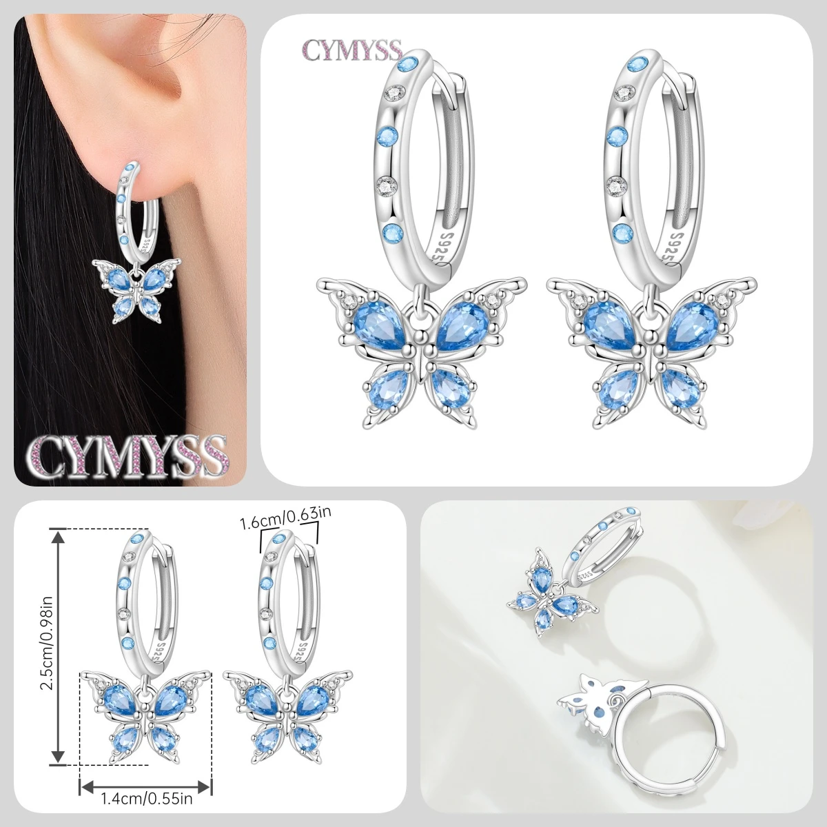 925 Sterling Silver Inlaid Zircon Butterfly Earrings Insect Element Original Design Women's Fashion Party Jewelry Gift Ear Loops S1c67aa906ec34eb189e2c6ba87a6f59d5