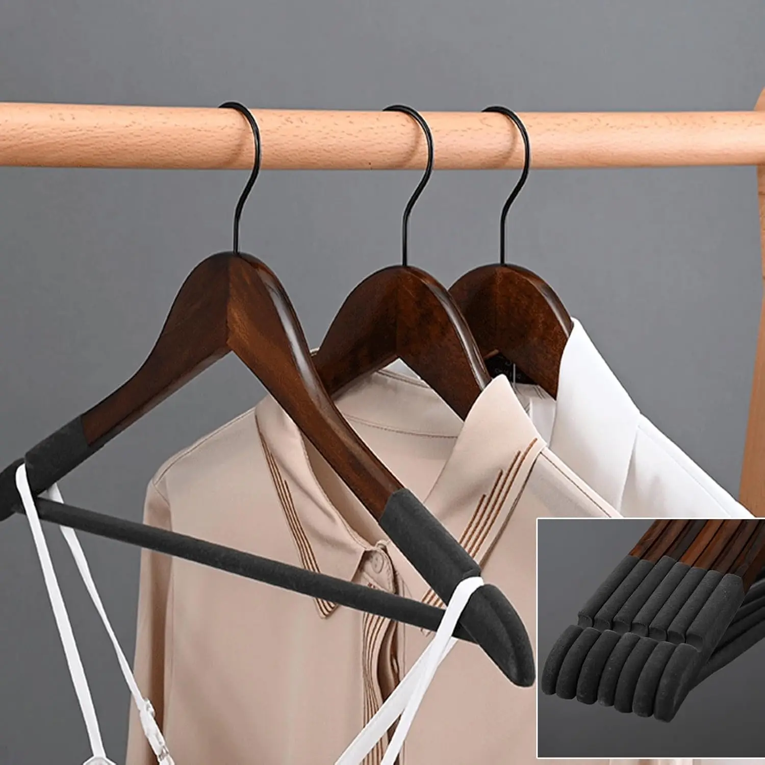 5 قطعة الخشب المخملية دعوى الشماعات للرجال عدم الانزلاق الفاخرة لوتس الخشب بانت رفوف لتعليق فستان التنانير مع 360 °   هوك الدورية