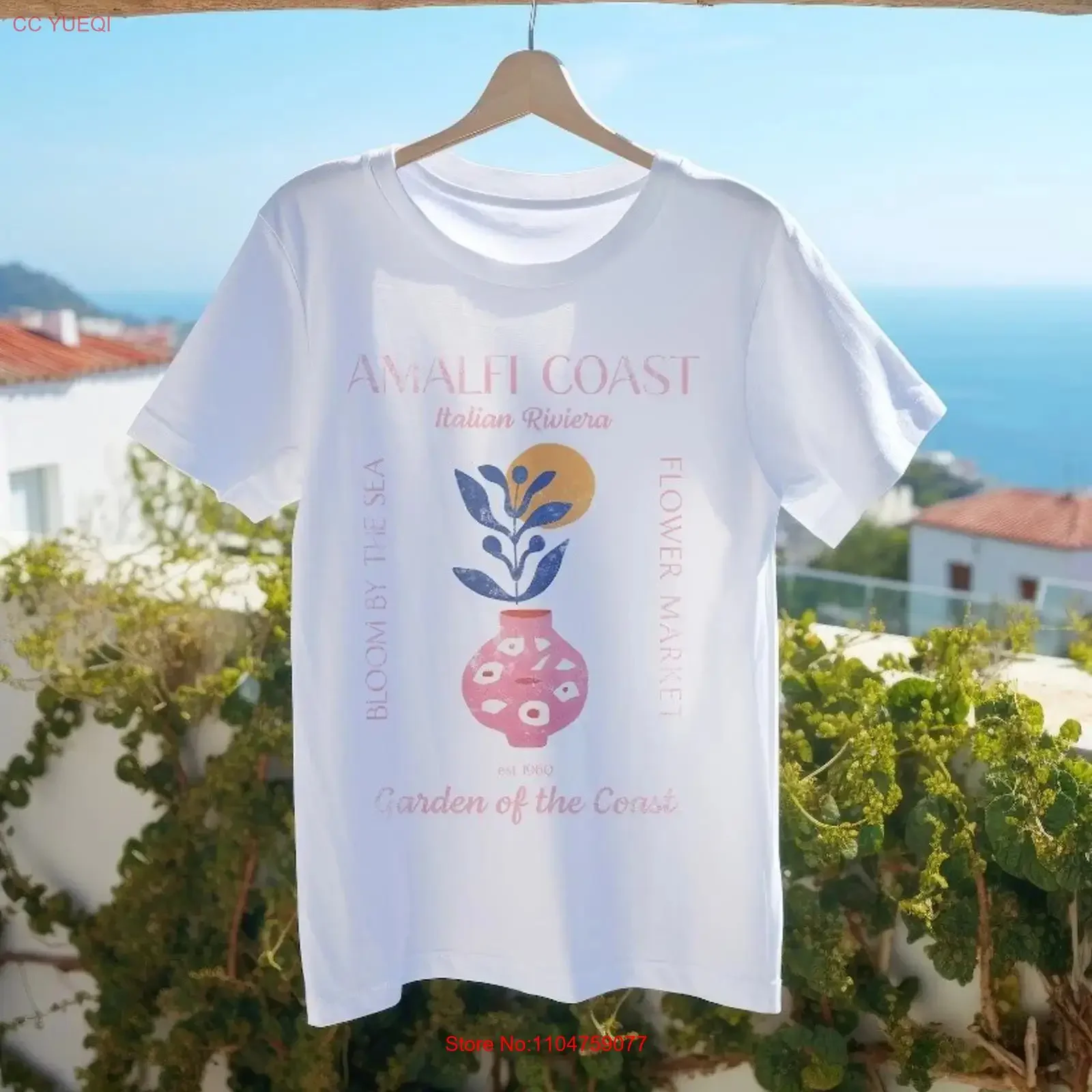 Camiseta Blanca Floral de la Costa de Amalfi, Riviera Italiana, S025, Estilo Vintage Lavado, Prenda Urbana para Uso Diario, Transpirable, Suave y Elegante