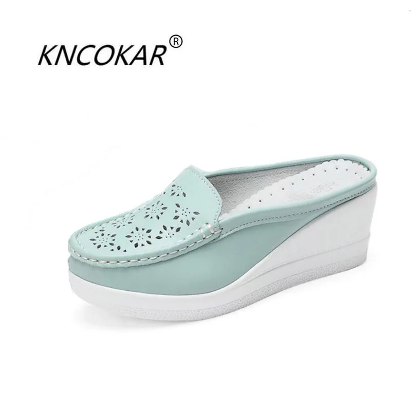 KNCOKAR  Summer new style of women\'s fashion simple real leather outside wear thick bottom slope and baotou hollow slippers